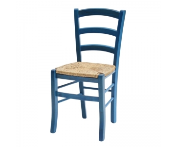 Sedia in legno massello di faggio colore anilina celeste con seduta in paglia