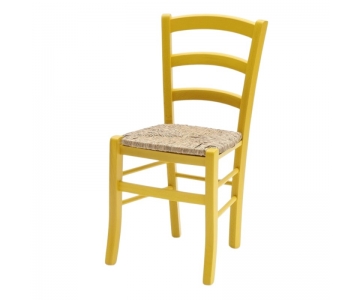 Sedia in legno massello di faggio colore anilina giallo con seduta in paglia