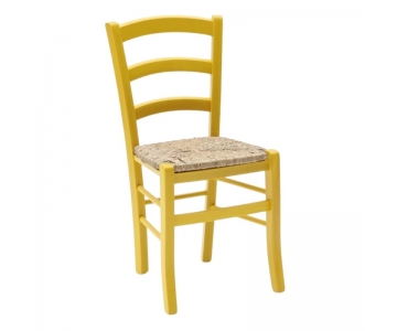 Sedia in legno massello di faggio colore anilina giallo con seduta in paglia
