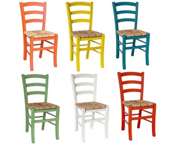 Sedia in legno massello di faggio colore anilina arancio con seduta in paglia