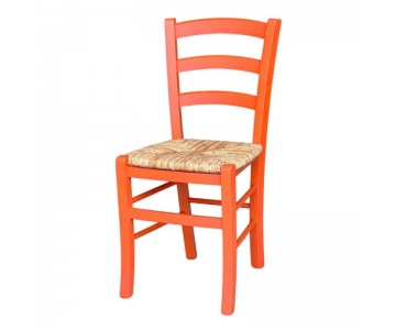 Sedia in legno massello di faggio colore anilina arancio con seduta in paglia