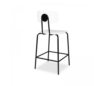 Sgabello Glami in tessuto PVC effetto cuoio, struttura metallo nero con poggiapiedi. Seduta H65