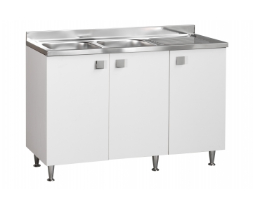 Mobile con lavello in Acciaio 2 Vasche sx con Gocciolatoio, 3 ante in Bianco Frassino, cm 120x50