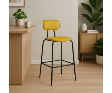 Sgabello Glami in tessuto PVC effetto cuoio, struttura metallo nero con poggiapiedi. Seduta H65